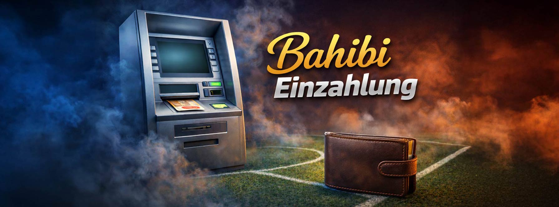 Bahibi Einzahlung mit Geldautomat Geldbörse und Fussballfeld Hintergrund